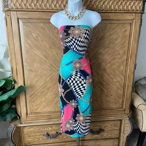 Multicolor black gold chain strapless midi dress